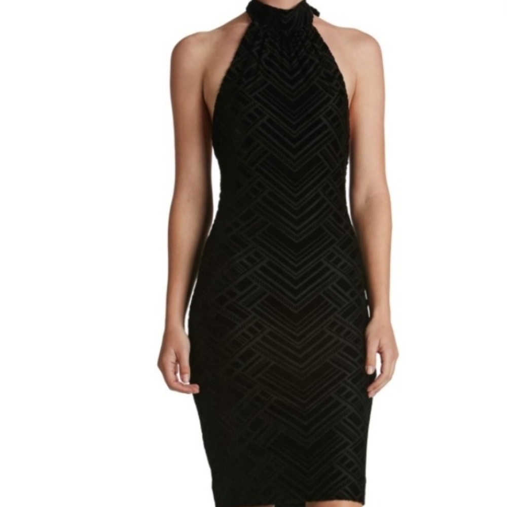 Dress The Population Black Velvet Y2K Burnout Open Back Halter Dress Whimsigoth‎
